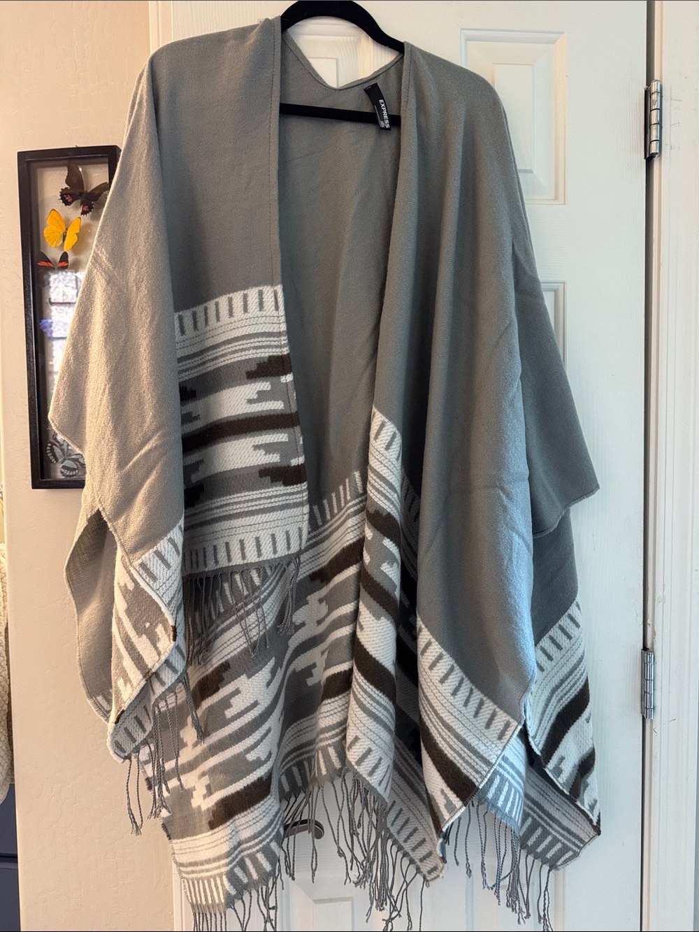 Express Gray Southwest Aztec Fringe Poncho Wrap Top
